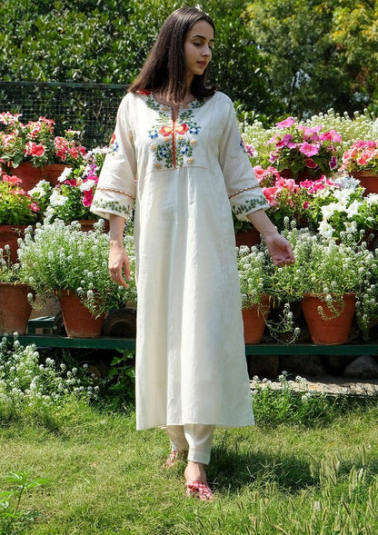 White Cotton Embroidered Kurta and Pant Set