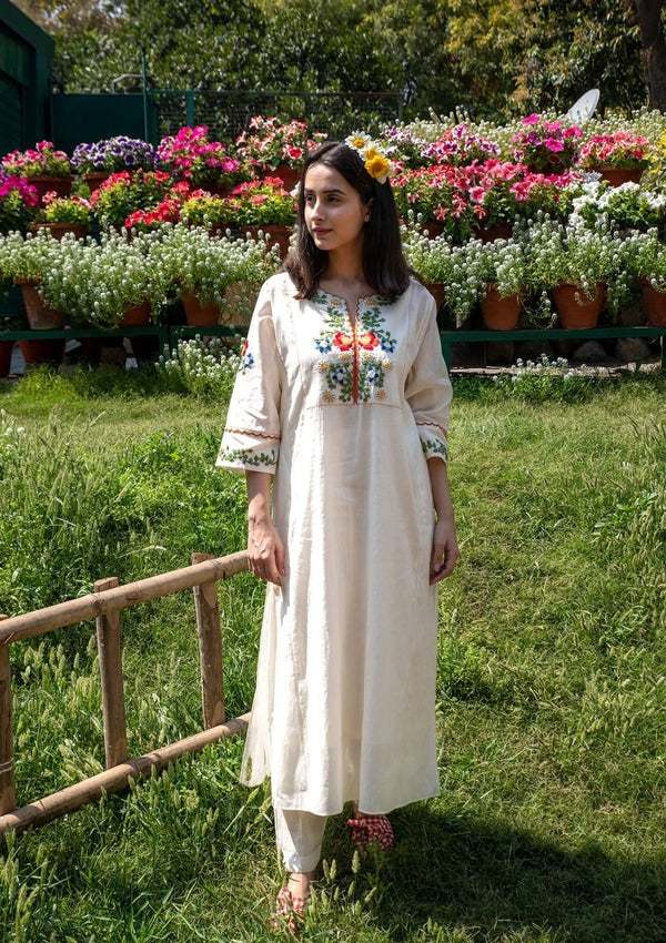 White Cotton Embroidered Kurta and Pant Set 9